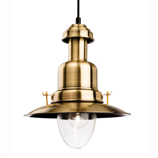 A vintage brass pendant light with a clear glass shade.