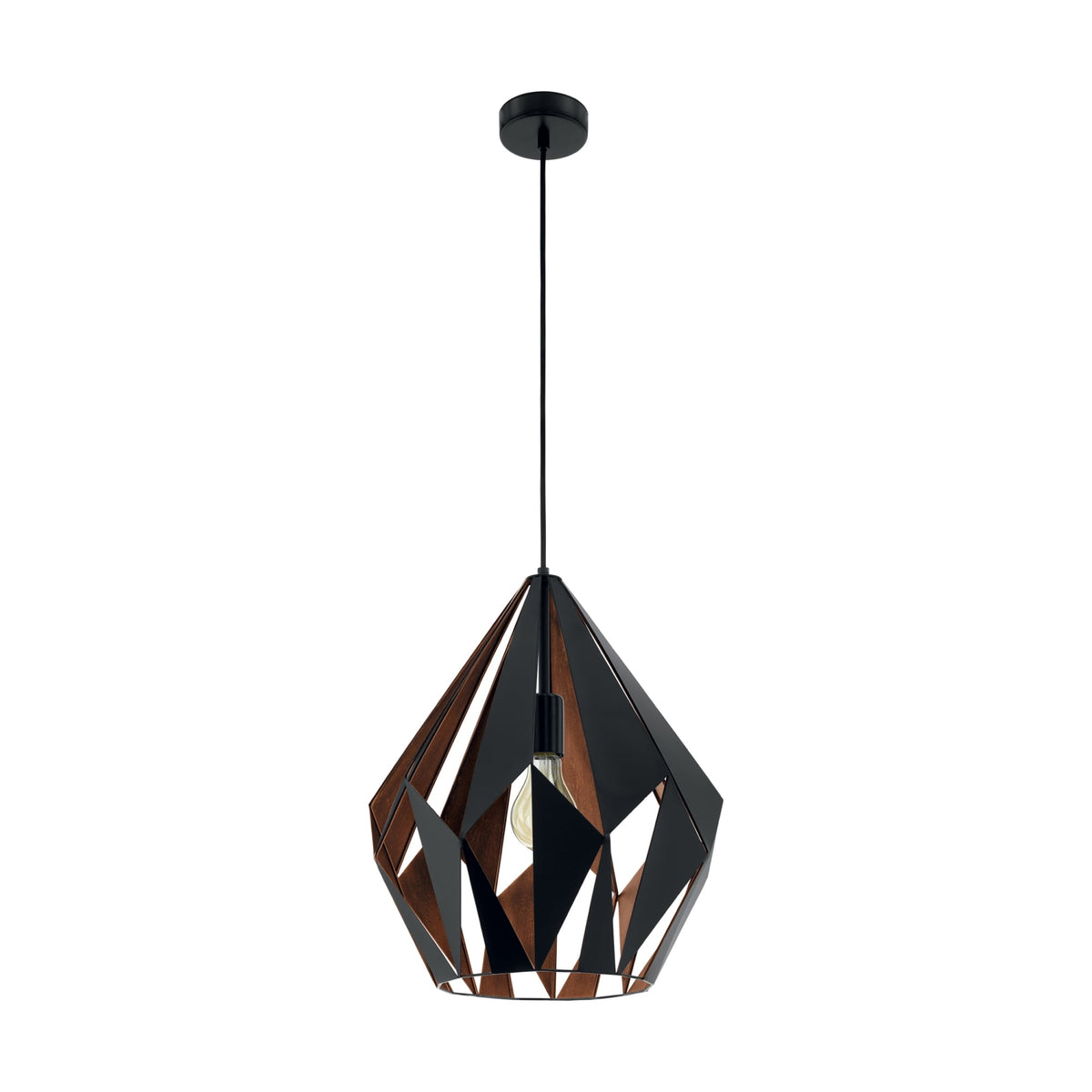 Full view of a modern geometric pendant light with copper and black panels on a white background.