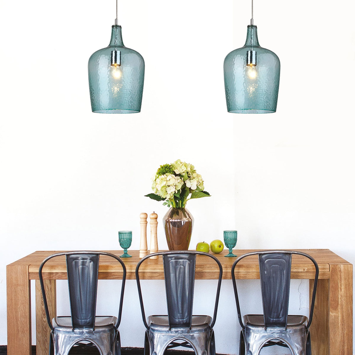 Glass Pendant in Chrome with Aqua Glass