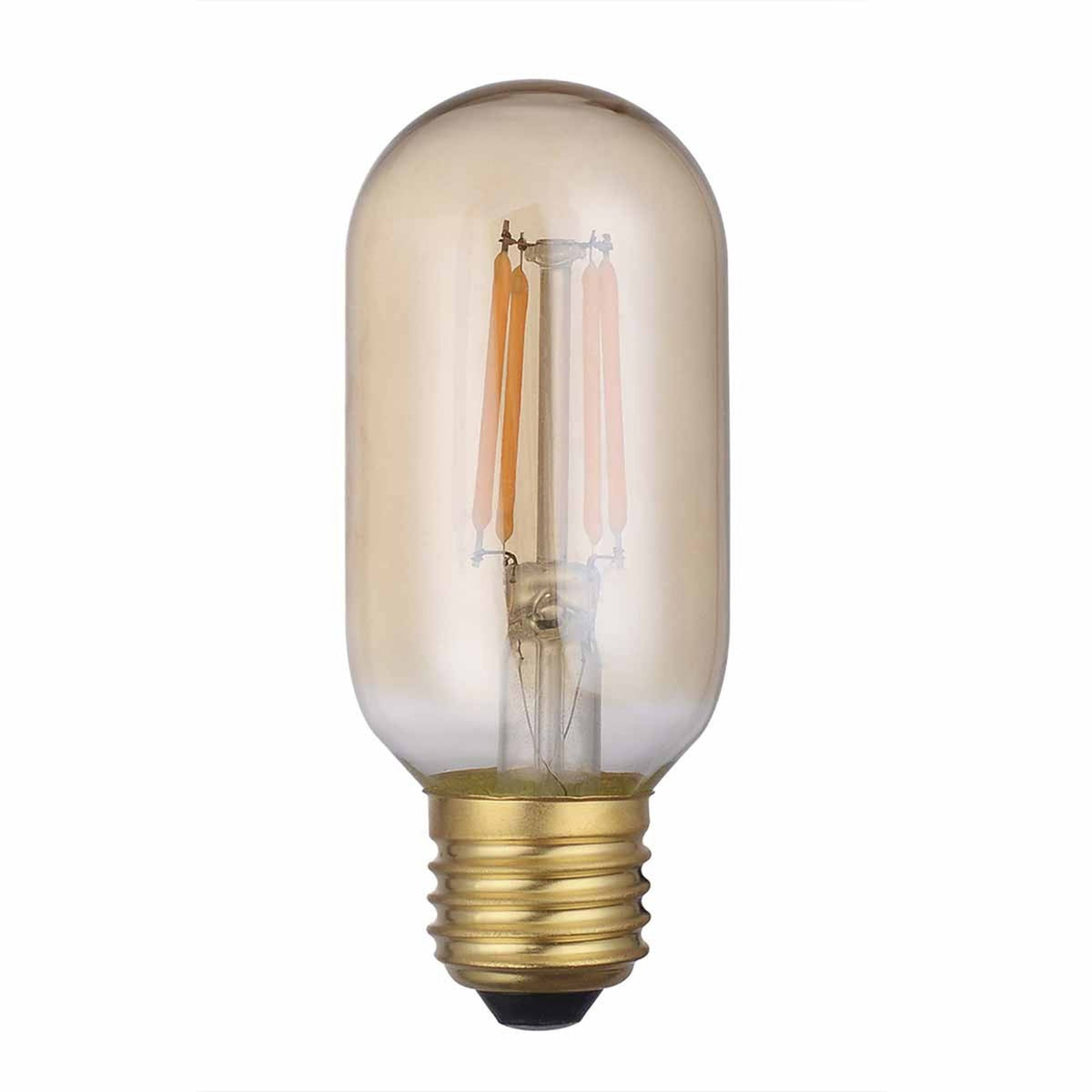 Amber glass LED filament bulb with a gold screw base on a white background.