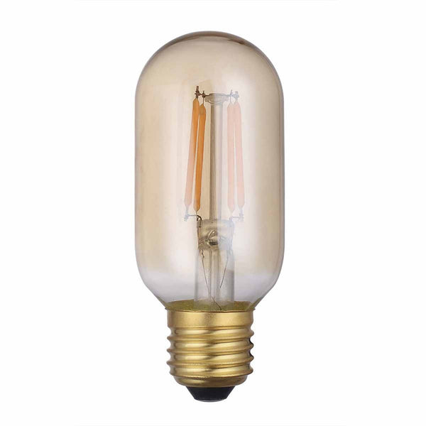 Amber glass LED filament bulb with a gold screw base on a white background.