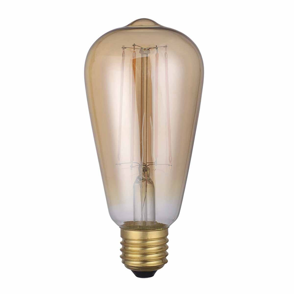 Vintage-style LED light bulb with a clear, amber-tinted glass and a brass base.
