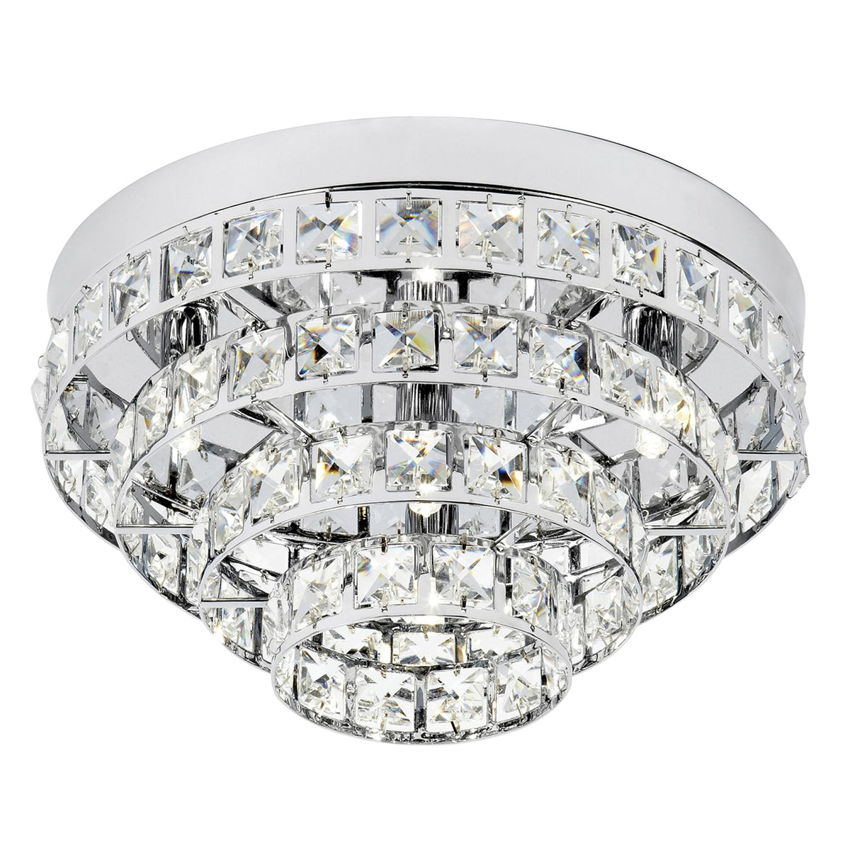 Angled view of the tiered crystal flush ceiling light with a polished chrome base on a white background.