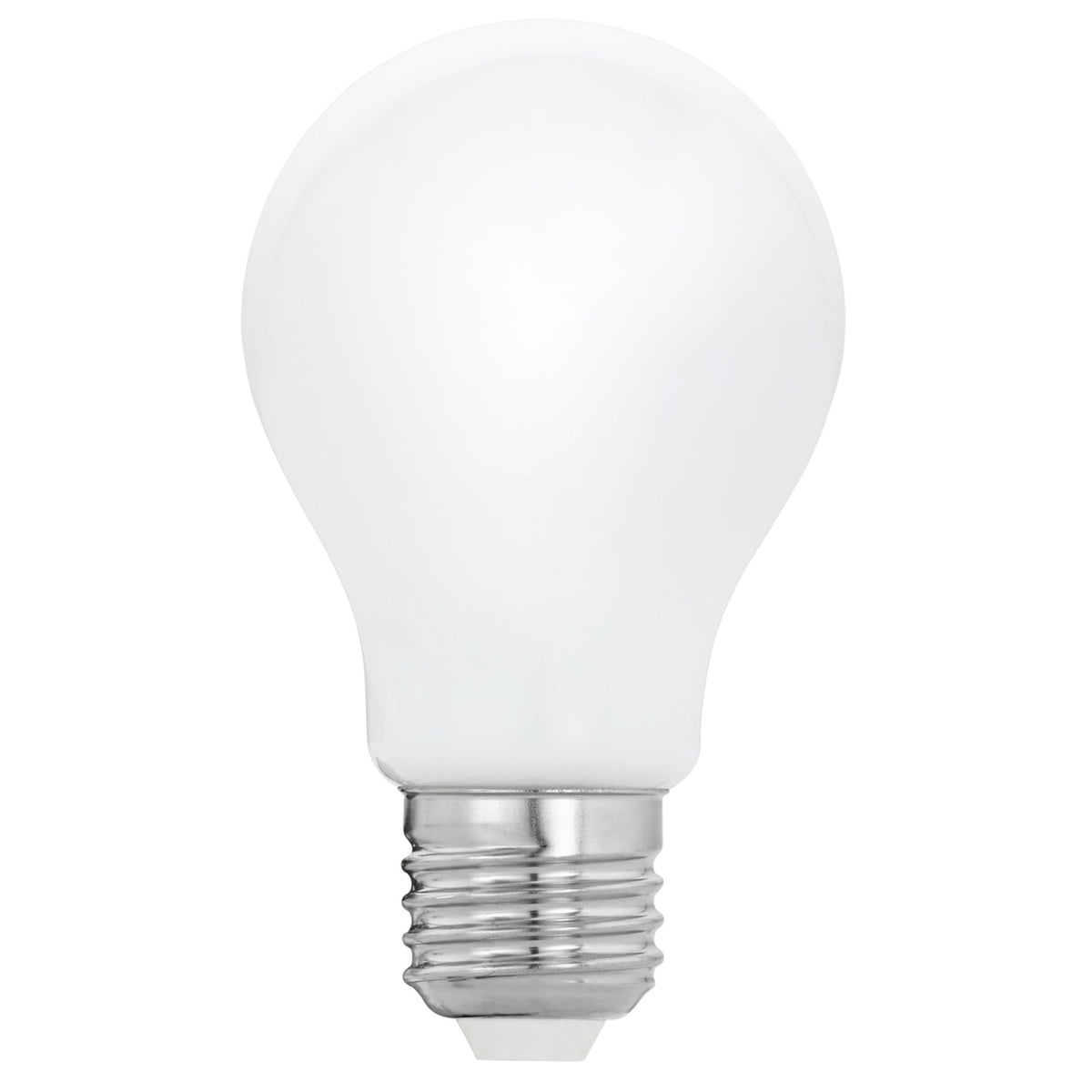 A frosted white light bulb with a silver screw-in base.