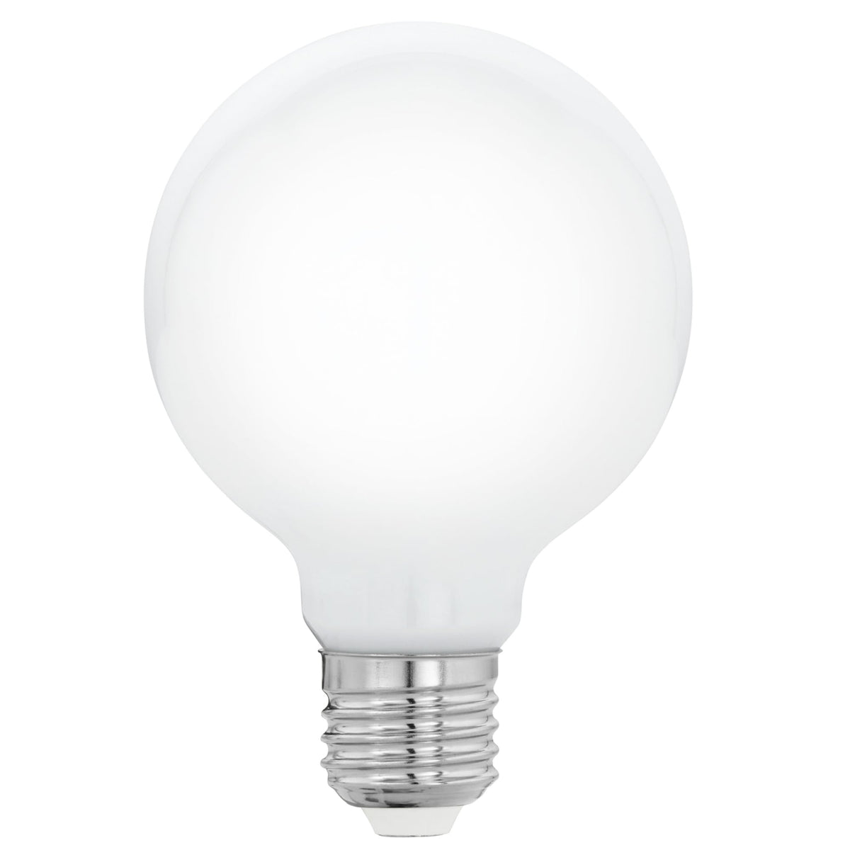 A large, spherical white LED light bulb with a metallic screw-in base.