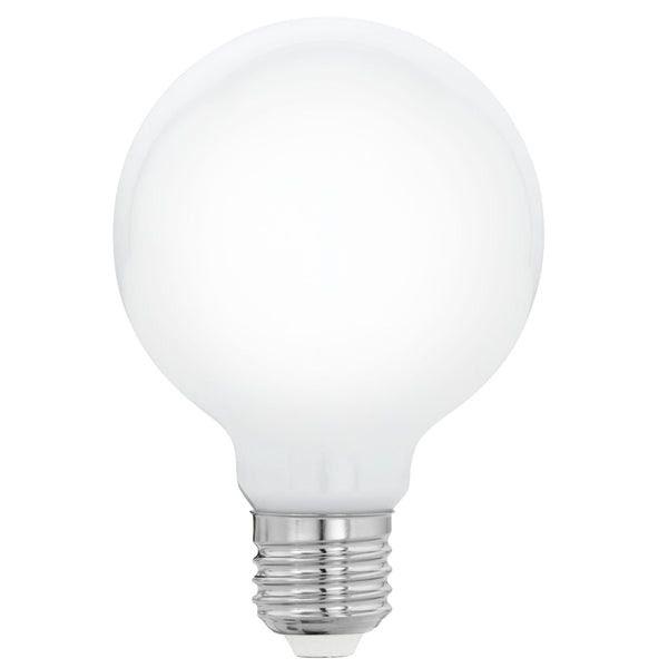 A large, spherical white LED light bulb with a metallic screw-in base.