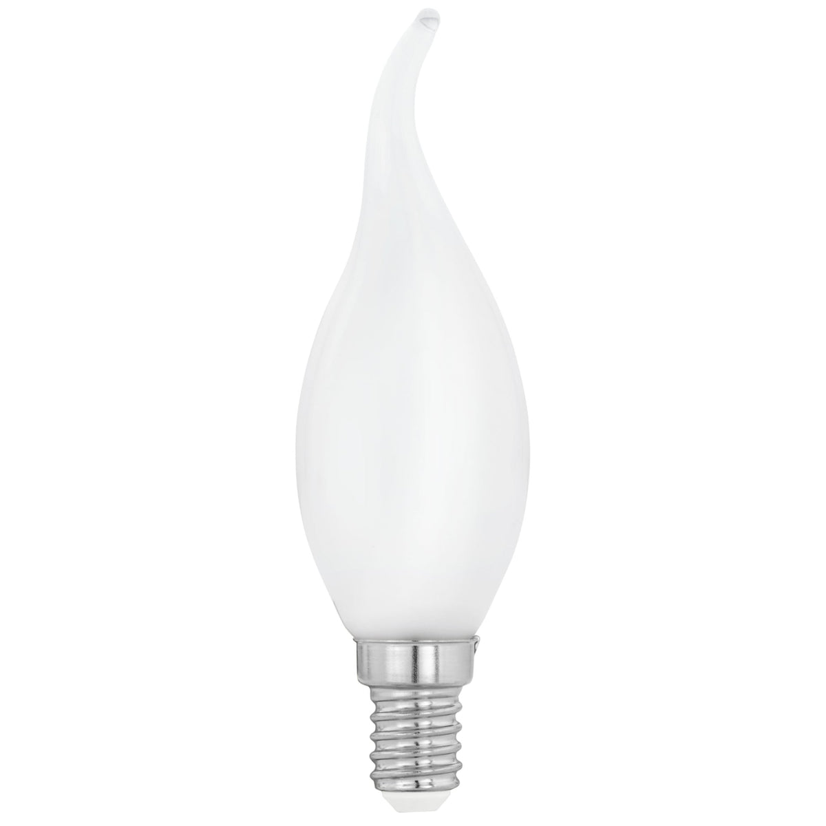 A white, frosted candle-shaped light bulb with a curved tip and a screw-in base.