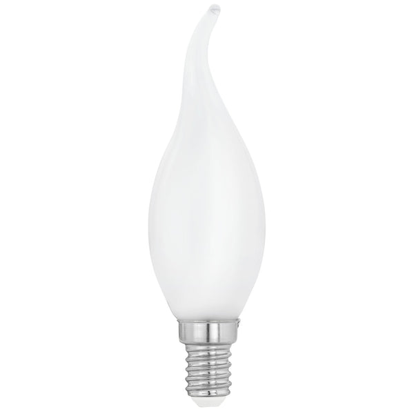 A white, frosted candle-shaped light bulb with a curved tip and a screw-in base.