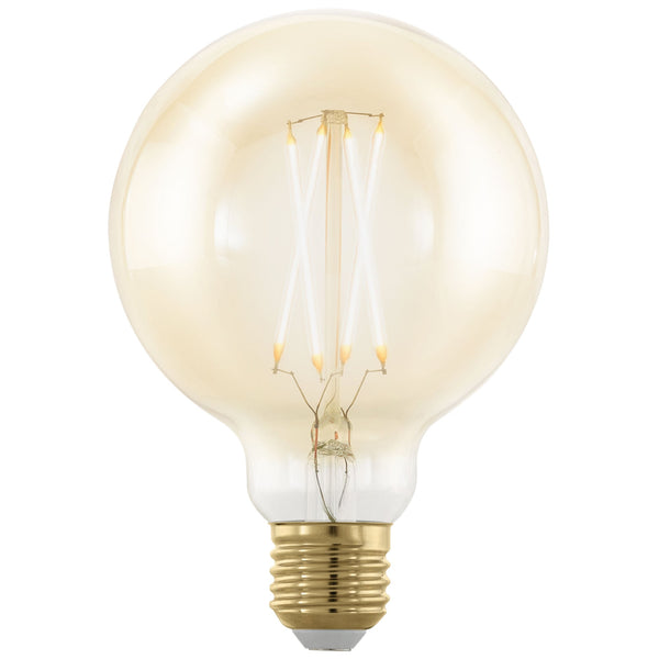 A large, spherical, amber-tinted LED light bulb with visible filaments.
