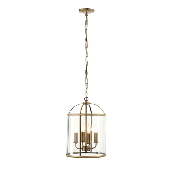 Lambeth 4 Light Pendant in Antique Brass with Clear Glass