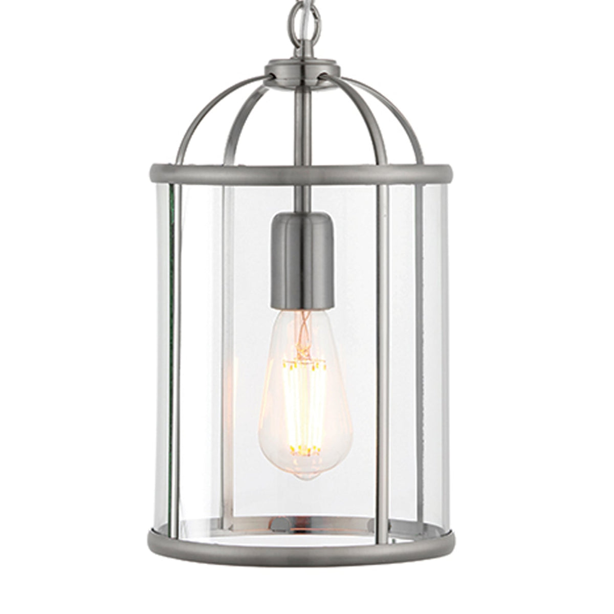Caged ceiling light with a clear glass shade and a brushed steel finish, featuring an exposed bulb.