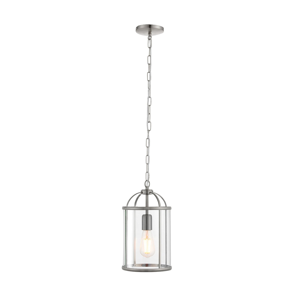 Full view of a caged ceiling light with a clear glass shade and a brushed steel finish, hanging from a chain.