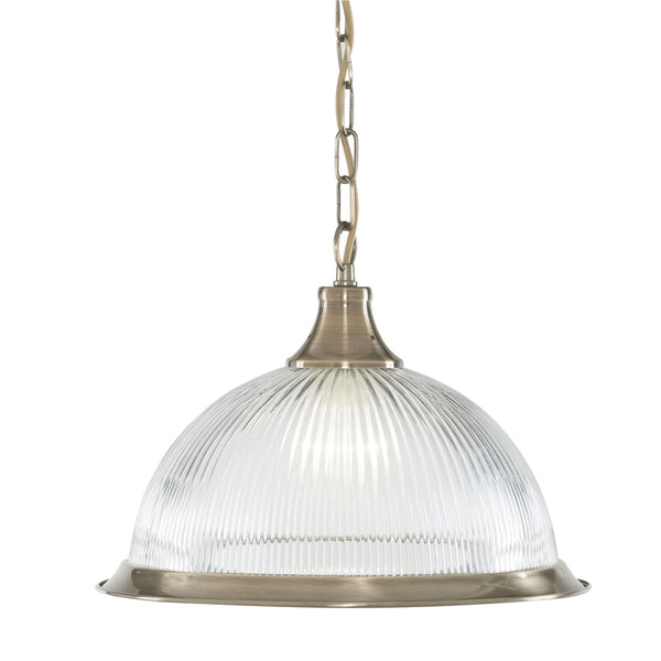American Diner Antique Brass Pendant with Clear Ribbed Glass Shade