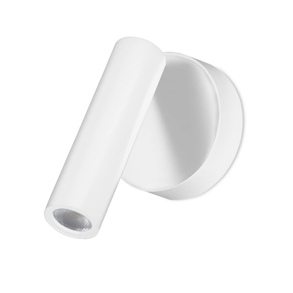 A modern white wall-mounted spotlight with an adjustable cylindrical head, ideal for accent lighting.