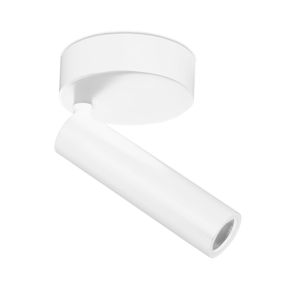 A contemporary white ceiling-mounted spotlight with an adjustable cylindrical head, for task lighting.