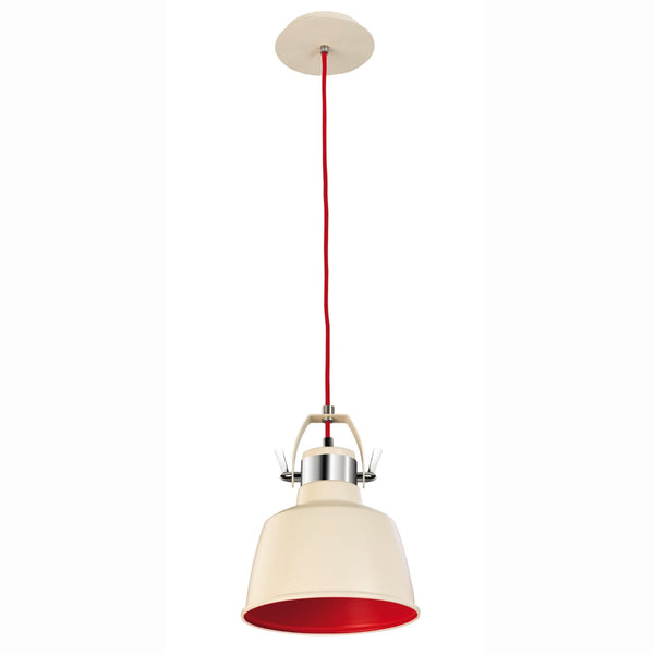 A contemporary cream pendant light with a vibrant red inner shade, ideal for kitchen islands.