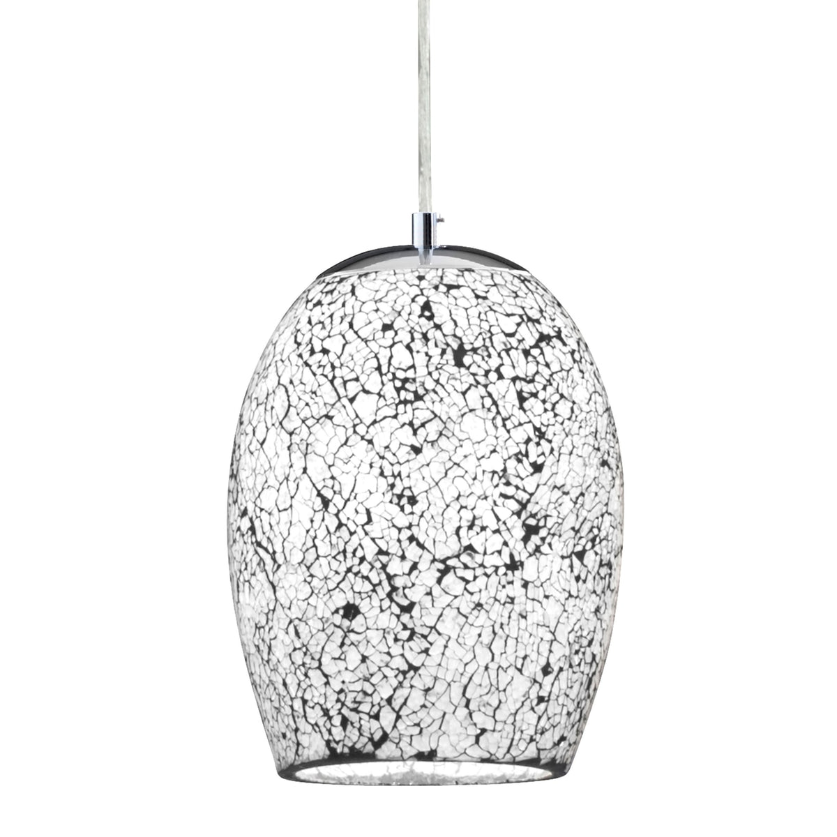 A close-up of a pendant light with a white and black mosaic crackle glass shade.
