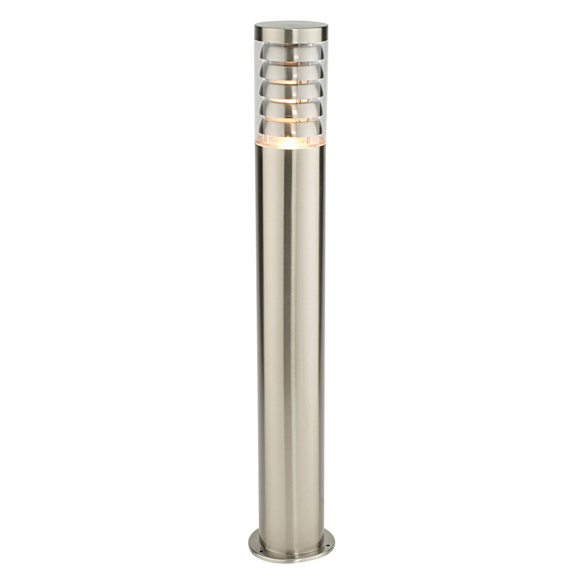 A stainless steel bollard light with a warm glow from its horizontal rings.
