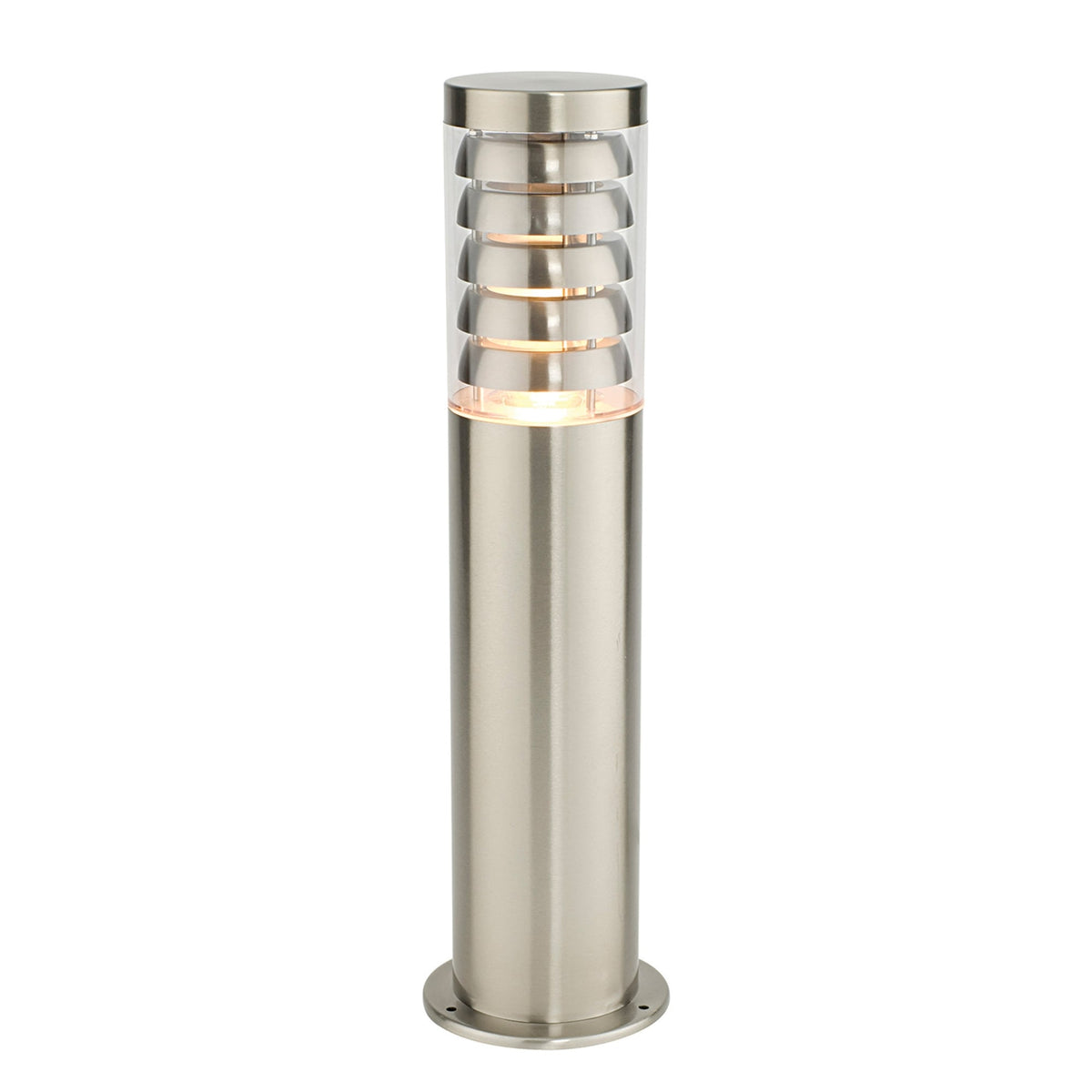 A modern outdoor bollard light with a brushed steel finish and a ribbed translucent top.