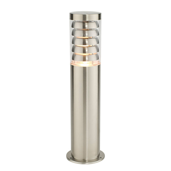 A modern outdoor bollard light with a brushed steel finish and a ribbed translucent top.