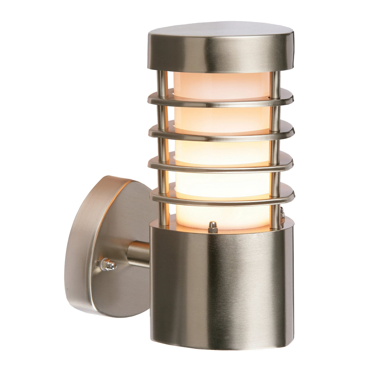 Brushed steel outdoor wall light with an illuminated ribbed diffuser.