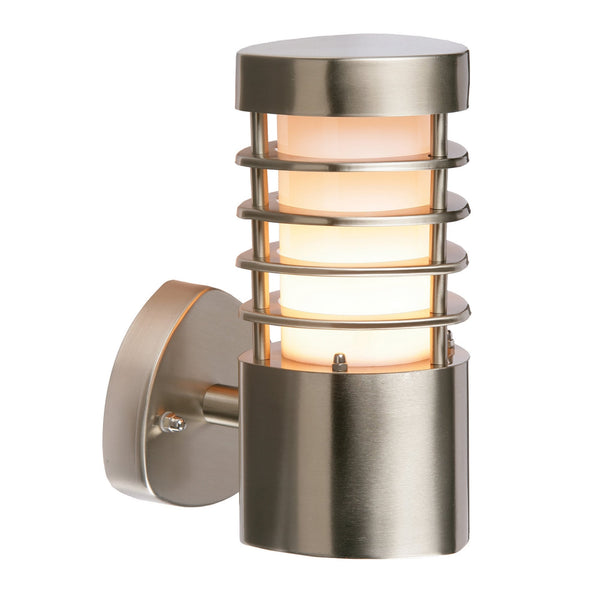 Brushed steel outdoor wall light with an illuminated ribbed diffuser.