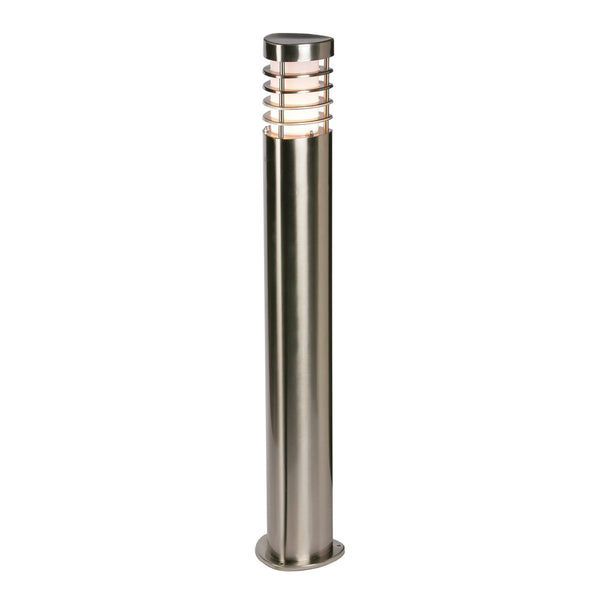 A tall, cylindrical outdoor light fixture with a brushed metal finish.