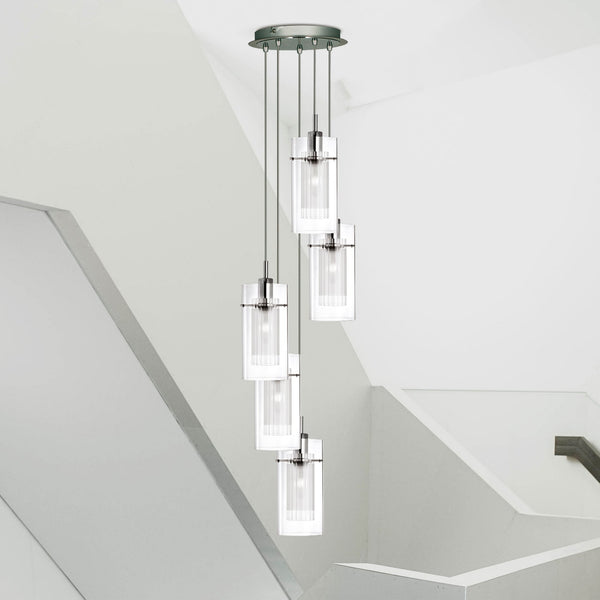 Duo 1 Satin Silver Five Drop Pendant with Glass Shades