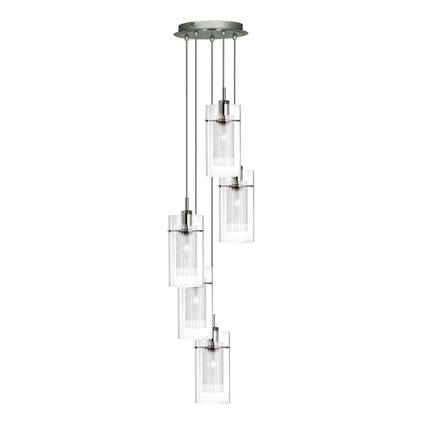 Duo 1 Satin Silver Five Drop Pendant with Glass Shades