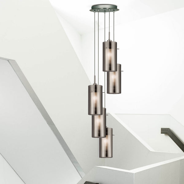 A modern multi-pendant light fitting with five individual glass shades cascading downwards.