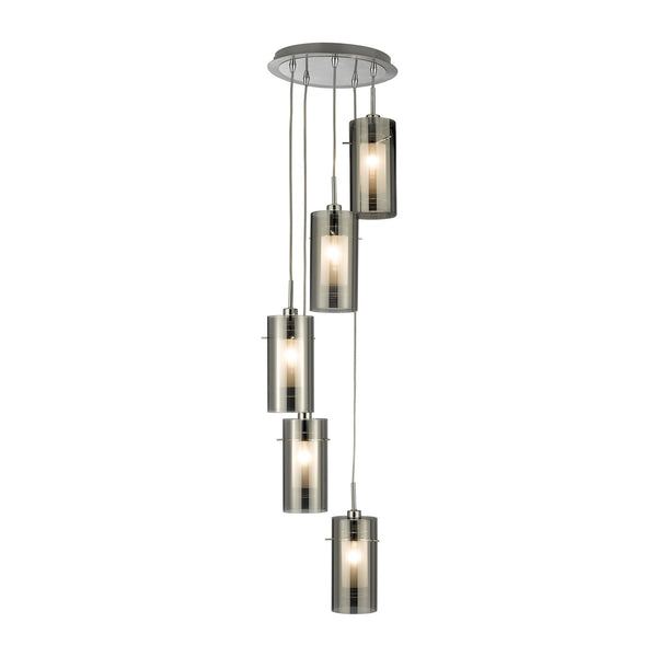 A contemporary five-light pendant fitting with smoked glass cylinders on a white background.