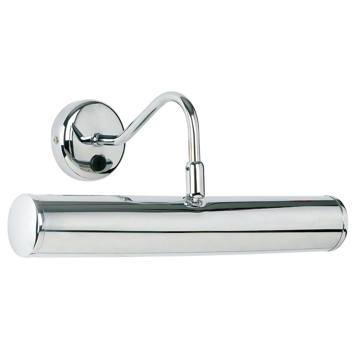 Chrome picture light with a curved arm and a cylindrical shade.