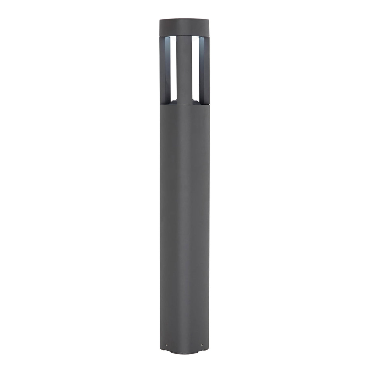A sleek, dark grey bollard light with a minimalist design, perfect for modern outdoor spaces.