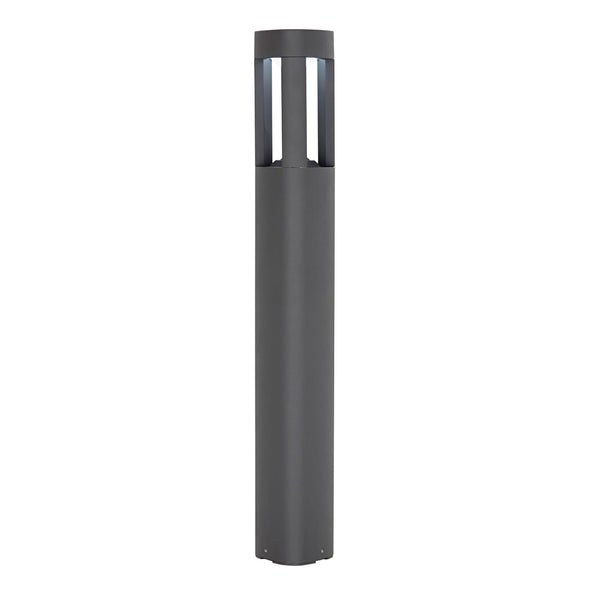 A sleek, dark grey bollard light with a minimalist design, perfect for modern outdoor spaces.