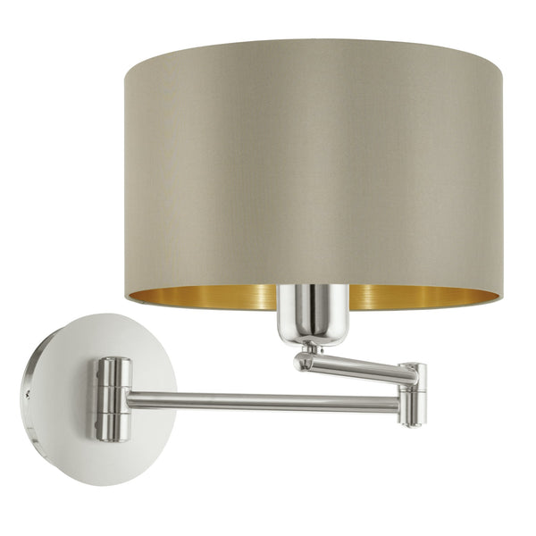 Maserlo Matt Nickel Swing Arm Wall Light with a Taupe and Gold Shade