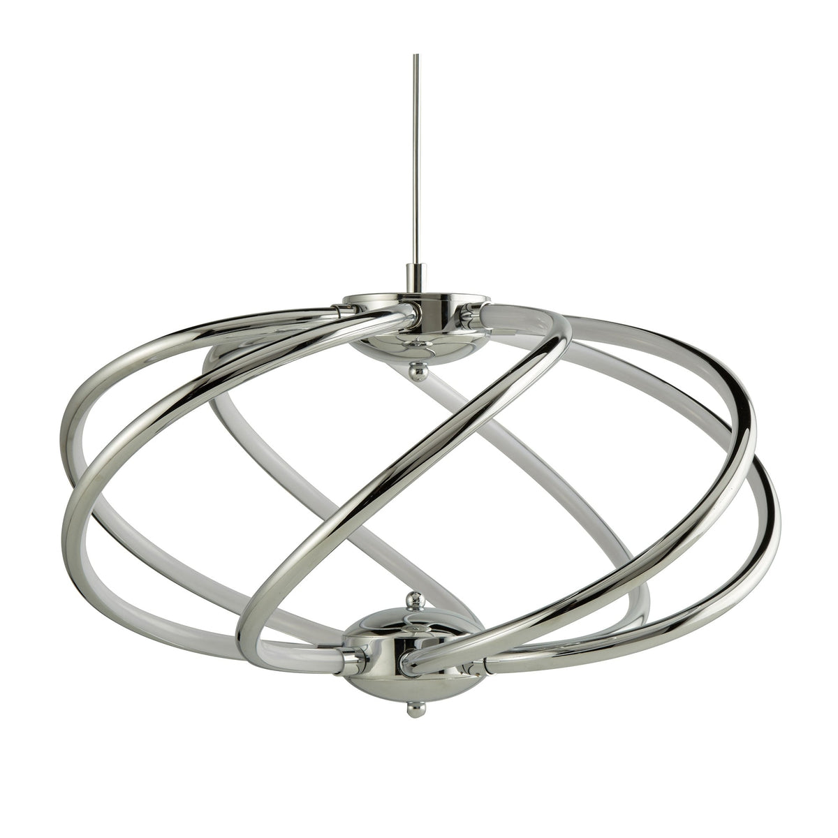A modern chrome pendant light with intertwining rings and integrated LED lighting.