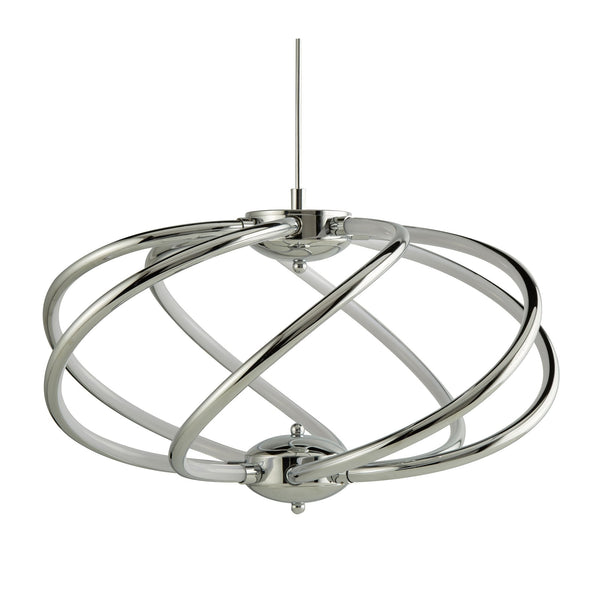 A modern chrome pendant light with intertwining rings and integrated LED lighting.