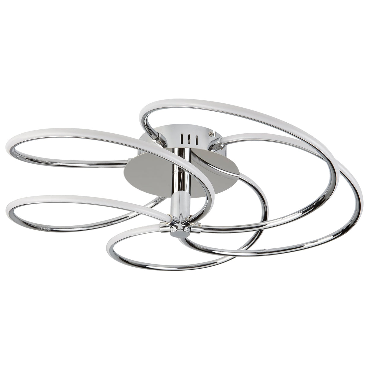 A close-up of a modern chrome ceiling light featuring a swirl of integrated LED rings.