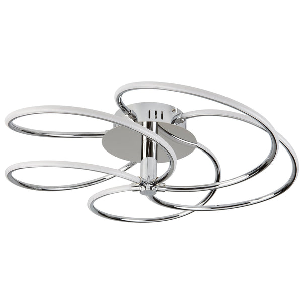 A close-up of a modern chrome ceiling light featuring a swirl of integrated LED rings.