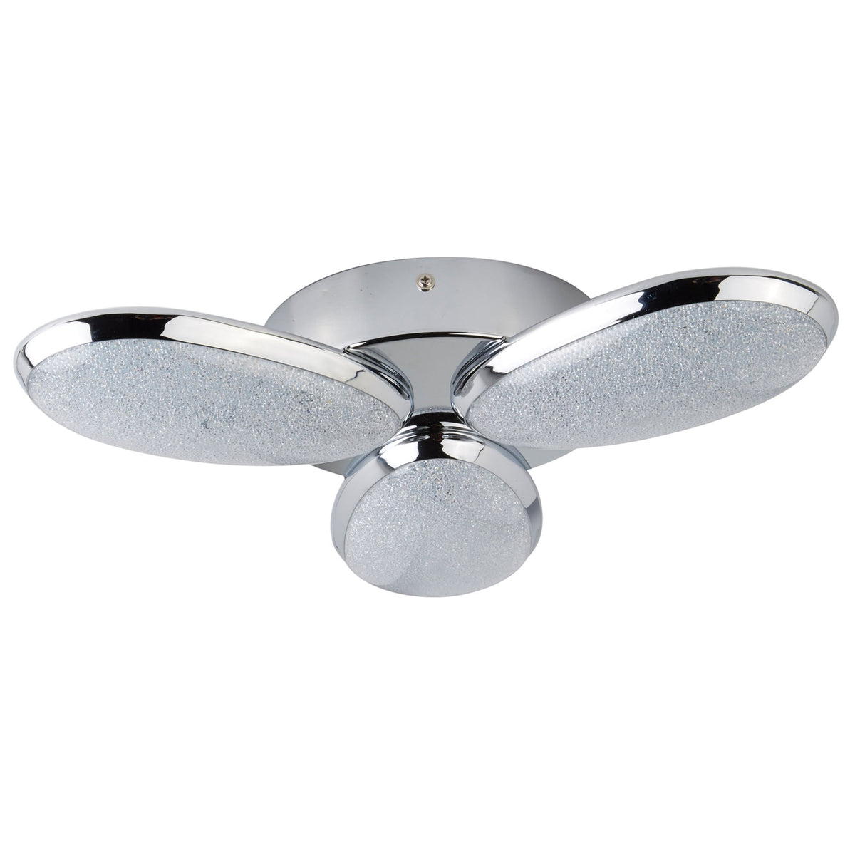 A modern three-bulb ceiling light with a polished chrome base and textured glass shades.