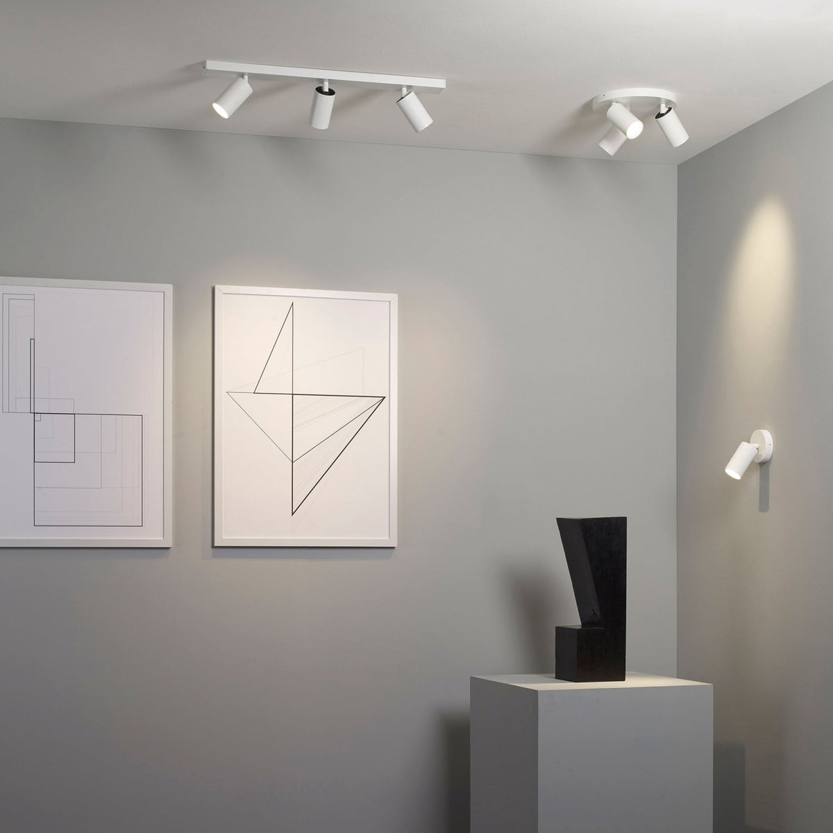 Gallery with white track lights, ceiling spotlights, and a wall light illuminating art
