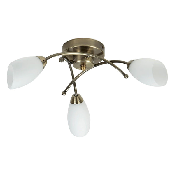 Opera Antique Brass 3 Light Semi-Flush with Opal Glass Shades