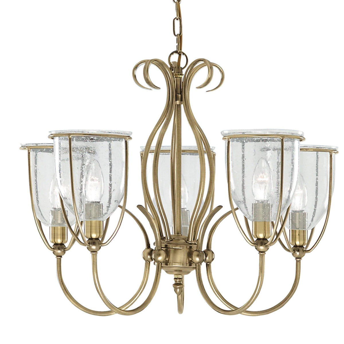 A detailed shot of the chandelier featuring five lights with clear, textured glass shades.