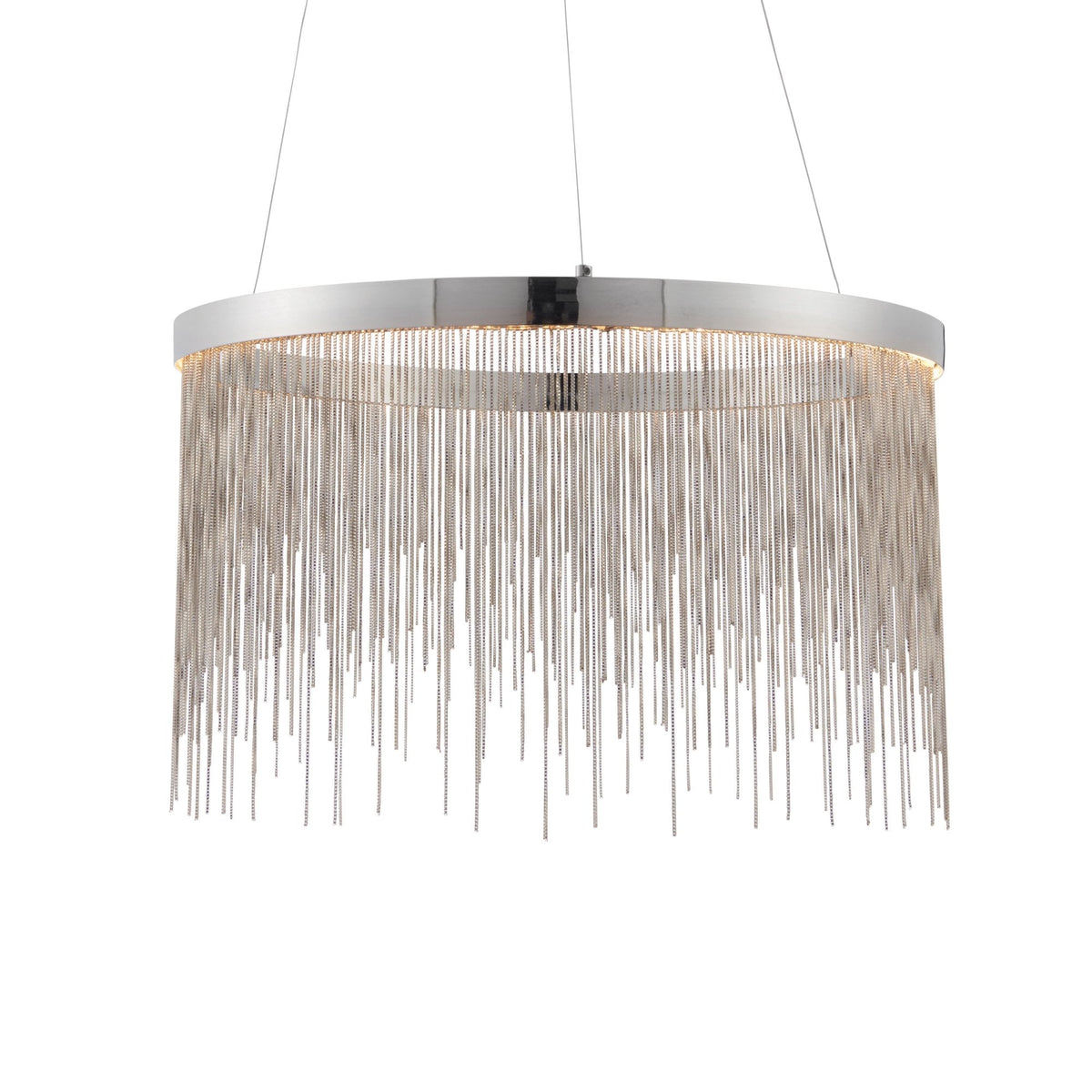 Chrome chandelier with a ring frame and numerous hanging metal chains, on a white background.