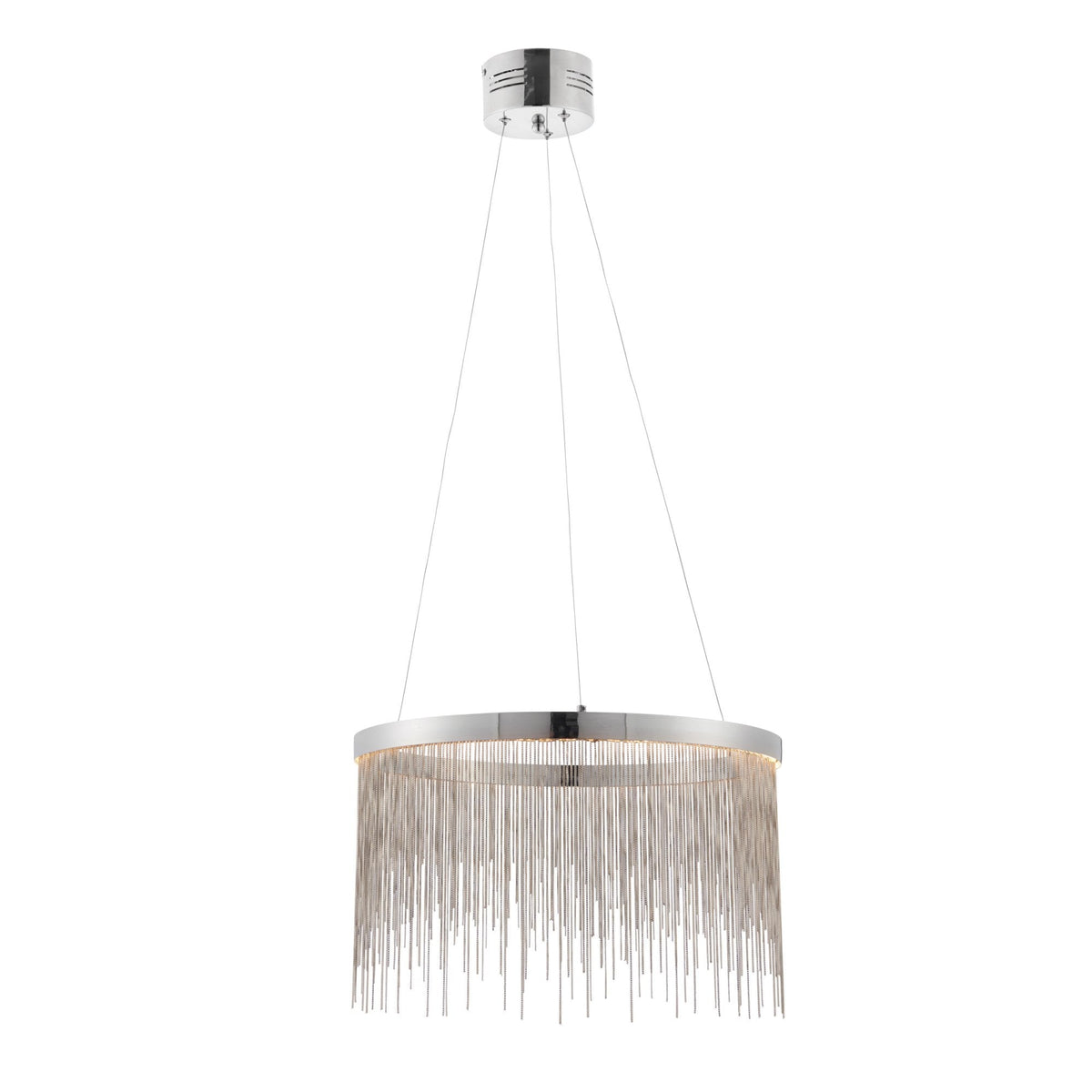 Chrome chandelier with a circular frame and hanging metal chains, suspended by thin wires from a ceiling mount.