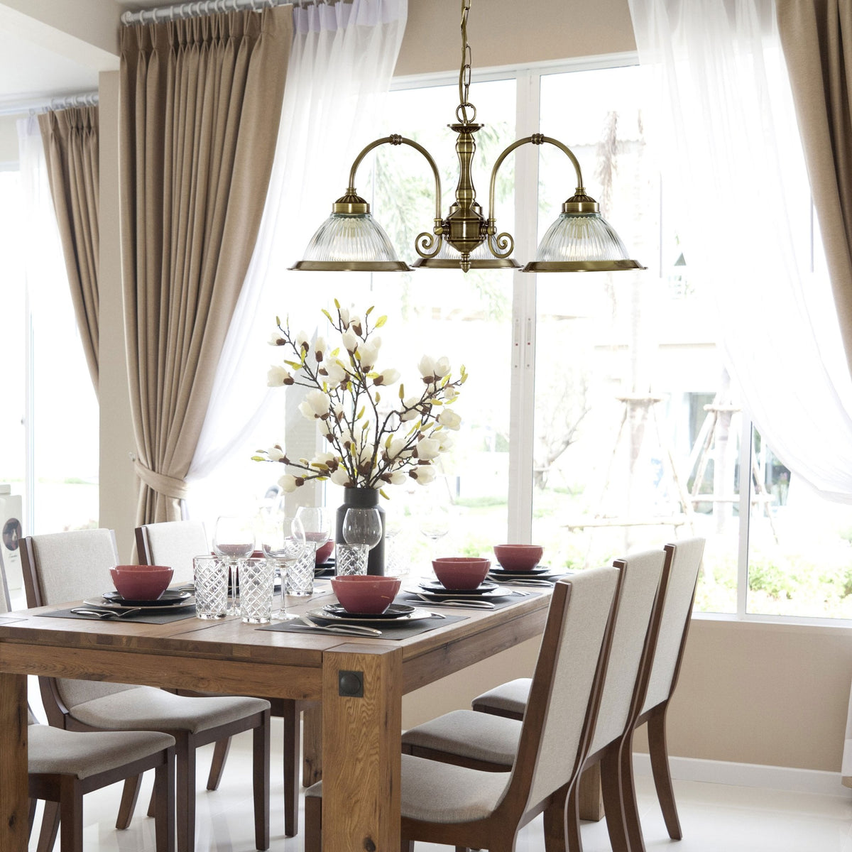 American Diner Antique Brass 3 Light with Clear Ribbed Glass Shades