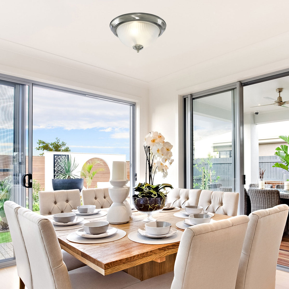 American Diner Chrome Flush Fitting with Acid Ribbed Glass Shade