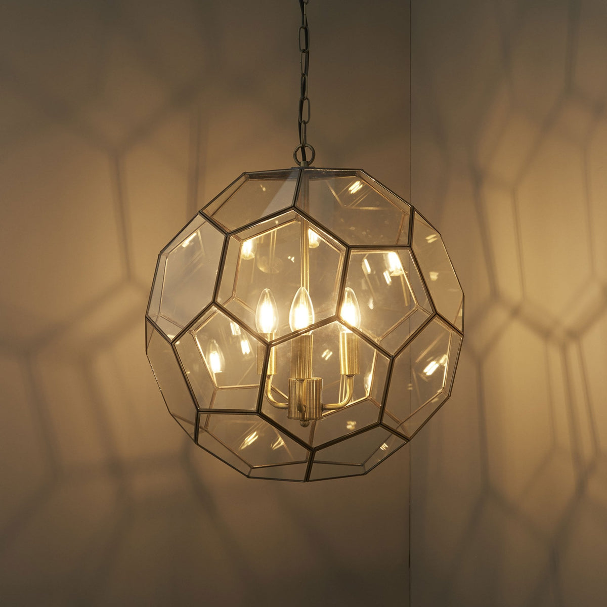 Miele 3 Hexagonal Glass Pendant Light in Antique Brass