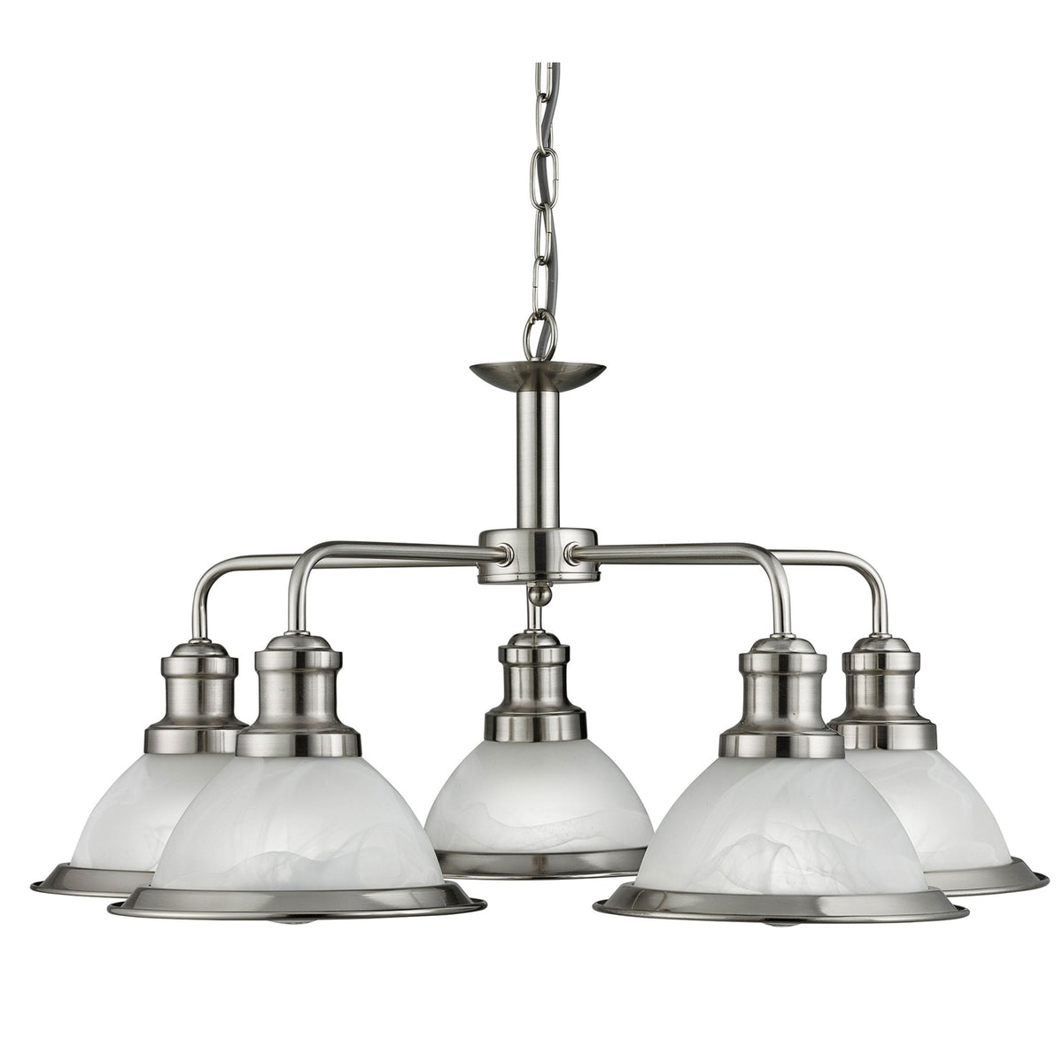 A close-up view of the 4-light brushed nickel chandelier with frosted glass shades.