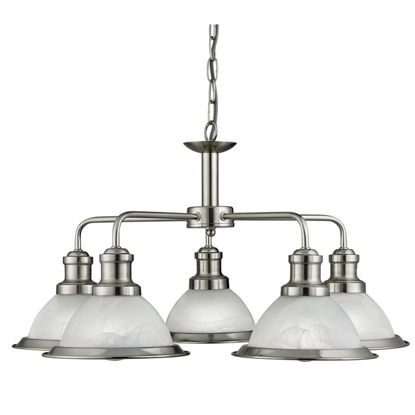 A close-up view of the 4-light brushed nickel chandelier with frosted glass shades.